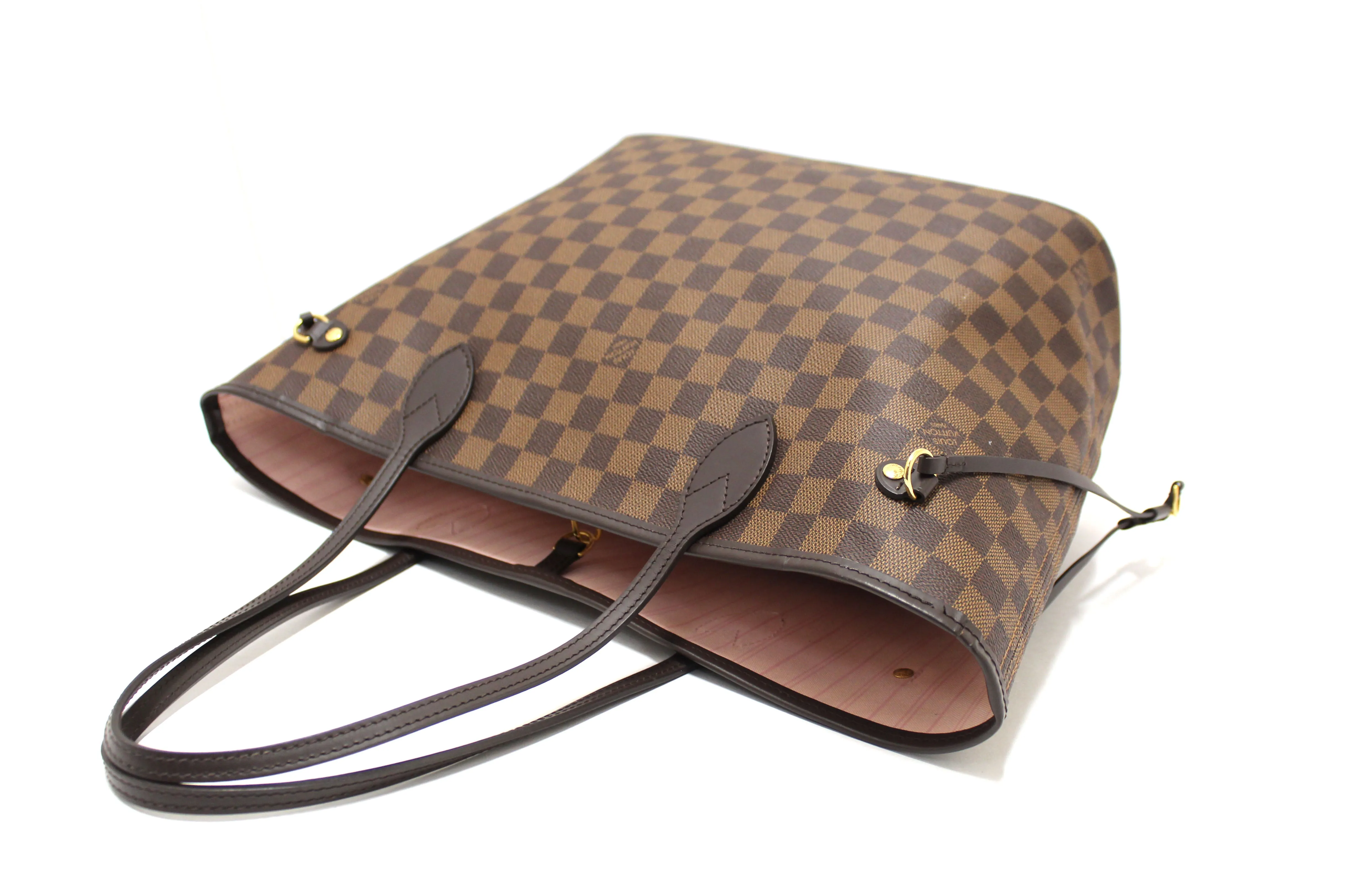 Authentic Louis Vuitton Damier Ebene with Rose Pink Neverfull MM Shoulder Bag