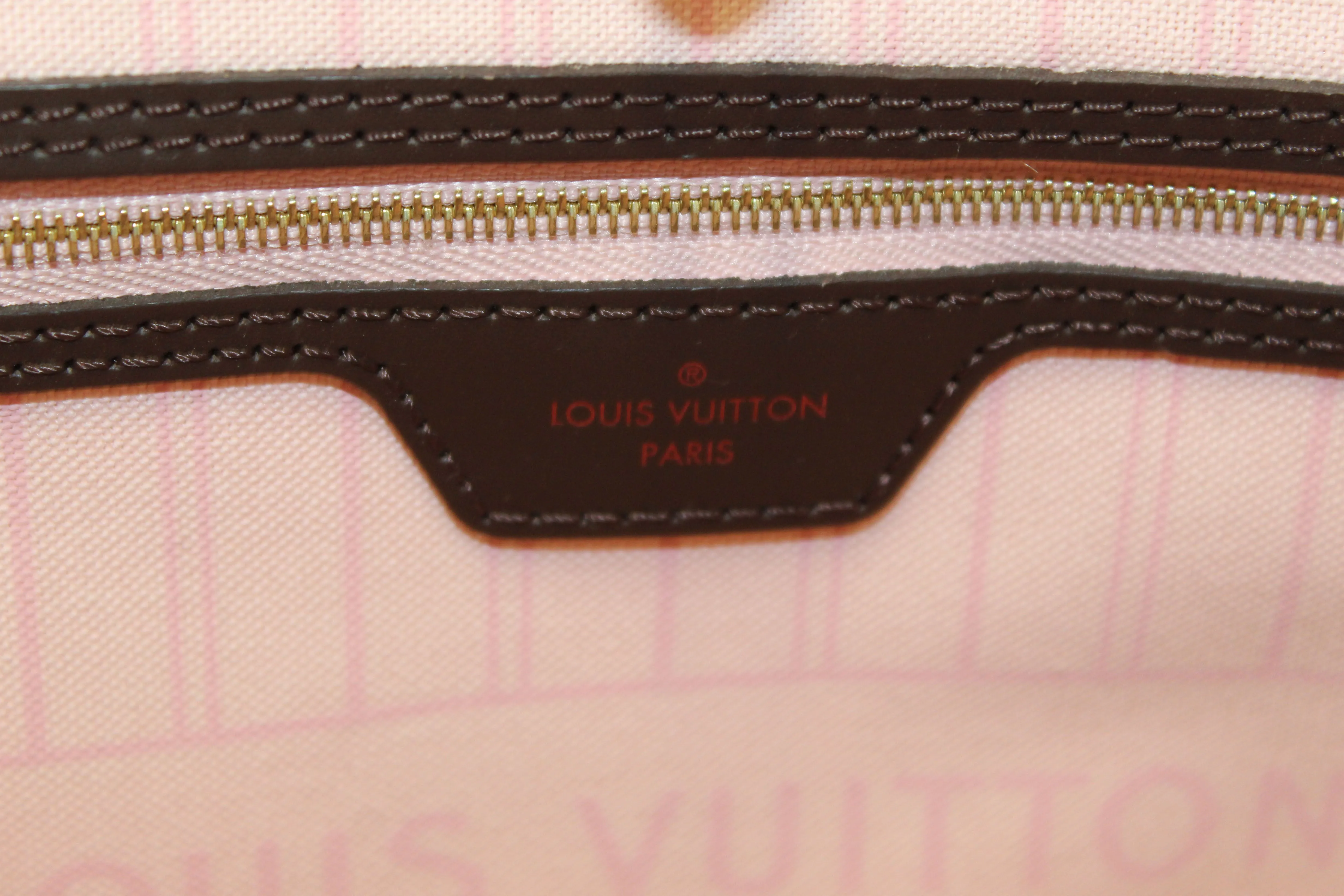 Authentic Louis Vuitton Damier Ebene with Rose Pink Neverfull MM Shoulder Bag