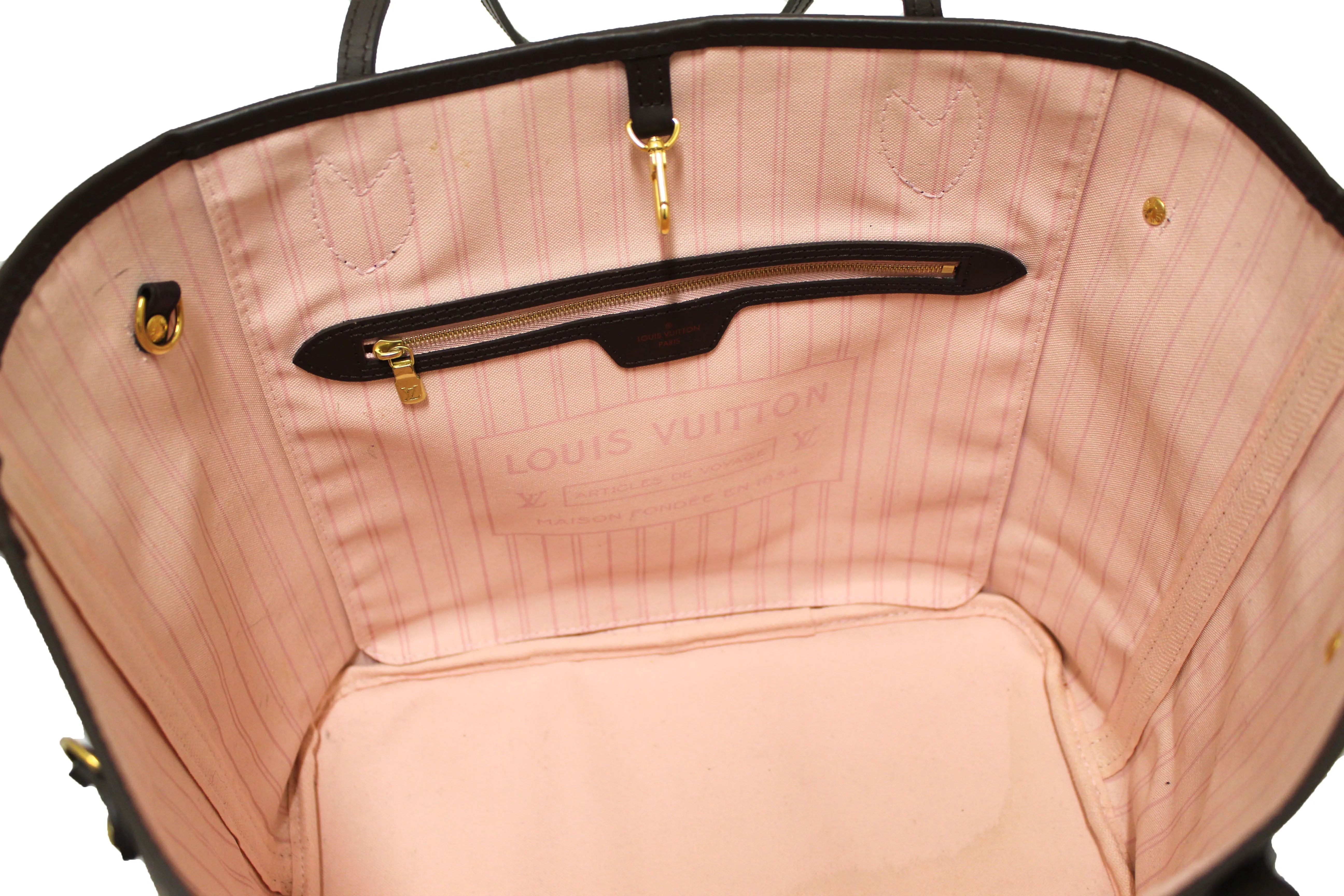 Authentic Louis Vuitton Damier Ebene with Rose Pink Neverfull MM Shoulder Bag