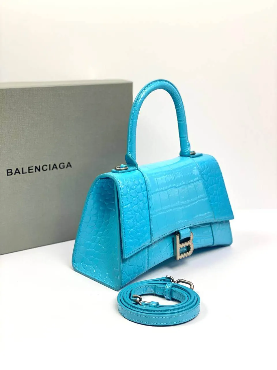 Balenciaga Hourglass croc-effect leather cross-body bag Blue