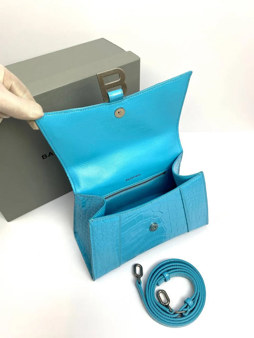 Balenciaga Hourglass croc-effect leather cross-body bag Blue