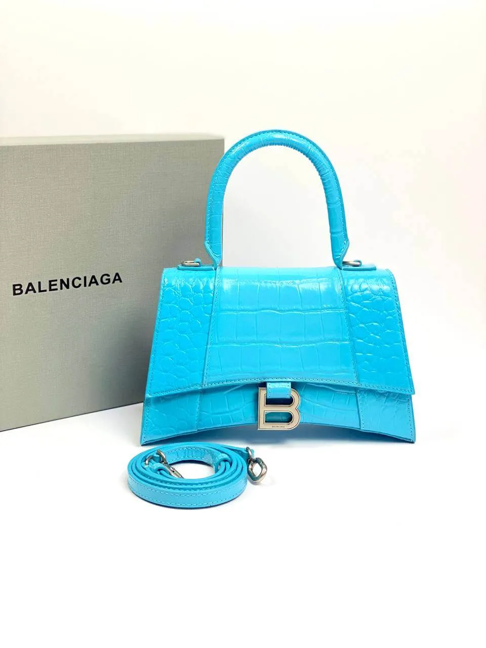 Balenciaga Hourglass croc-effect leather cross-body bag Blue