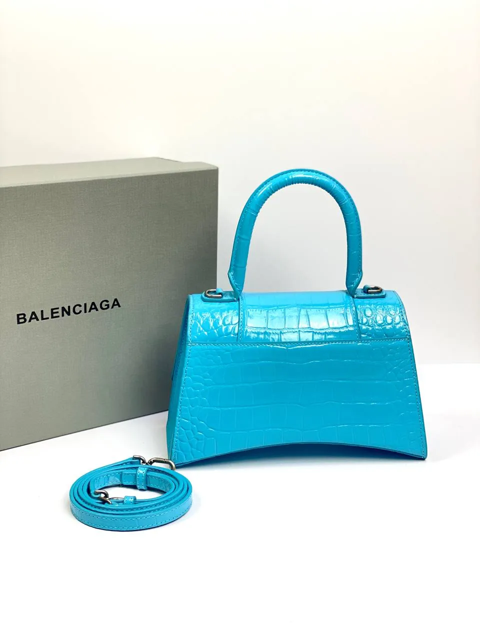 Balenciaga Hourglass croc-effect leather cross-body bag Blue