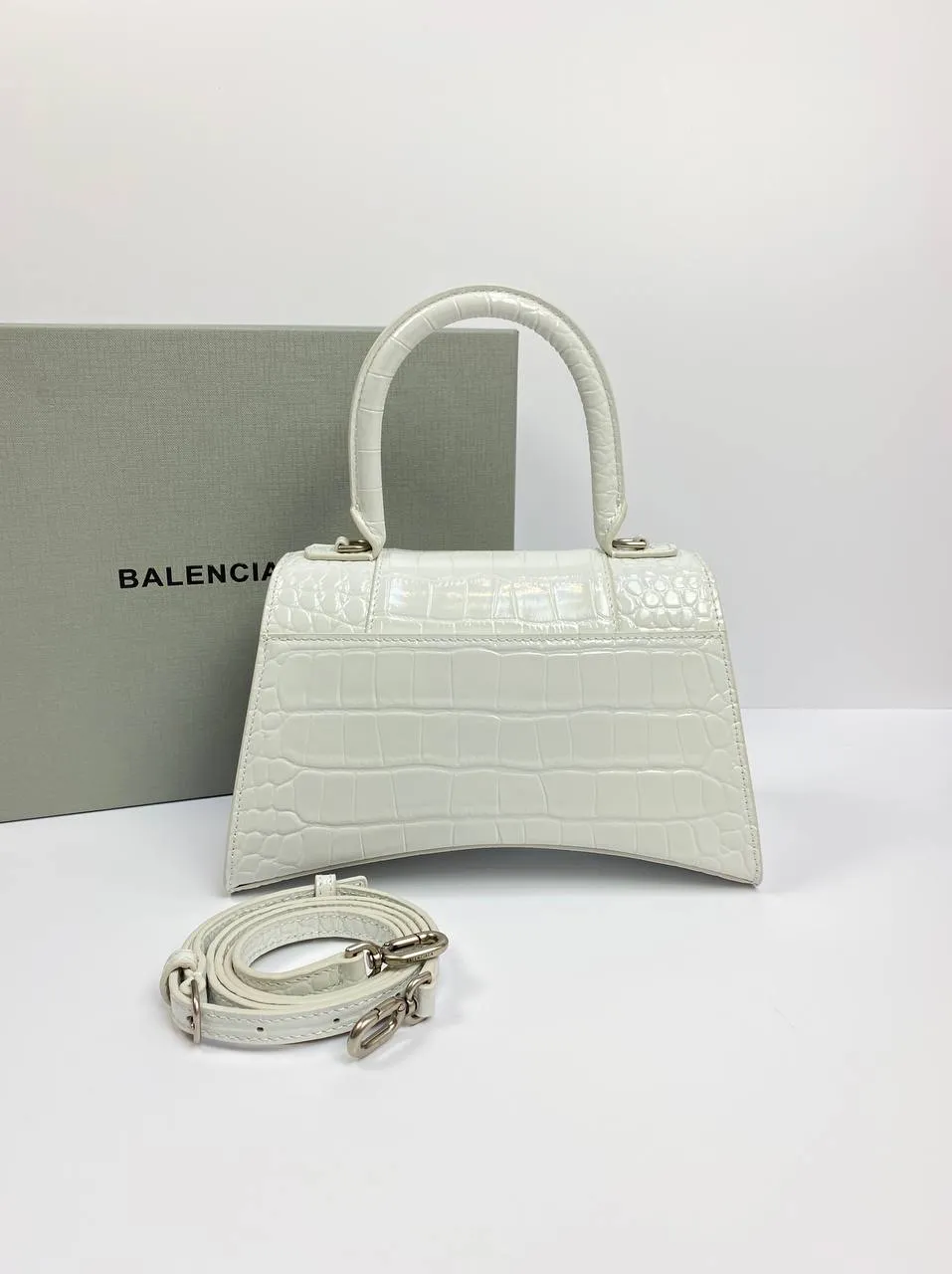 Balenciaga Hourglass croc-effect leather cross-body bag white