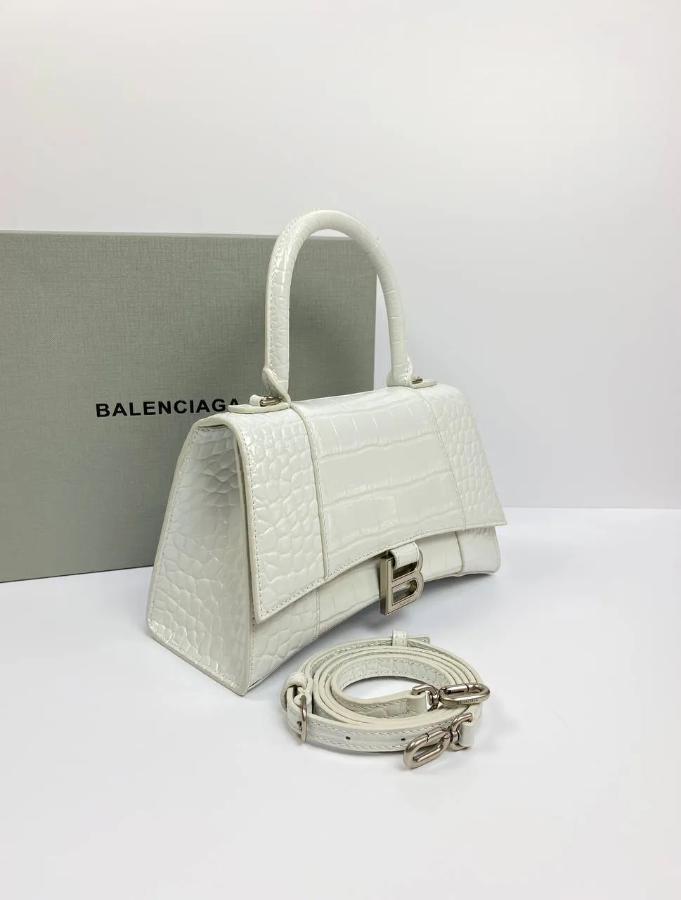 Balenciaga Hourglass croc-effect leather cross-body bag white