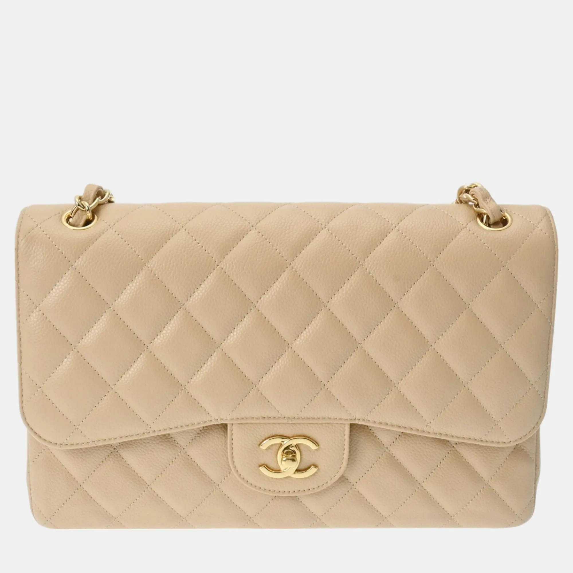 Beige Caviar Skin Matelasse Chain Shoulder Double Flap 30cm Bag