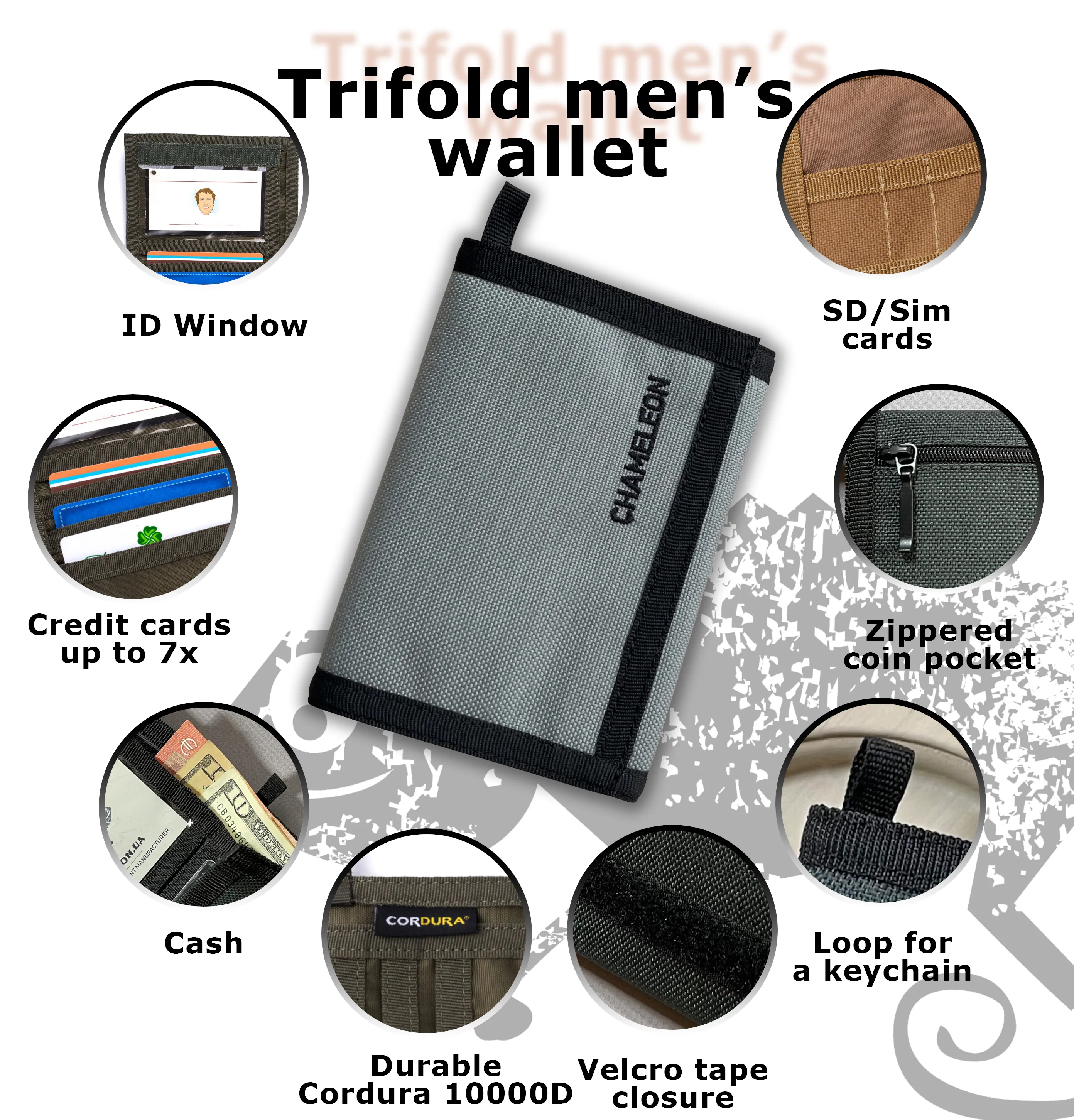 Chameleon Velcro Trifold Mens Wallet-Military Tactical Men Wallets- ID Card Holder - Canvas Thin Front Pocket Travel Wallet-Coin Zipper Pocket-Light Grey
