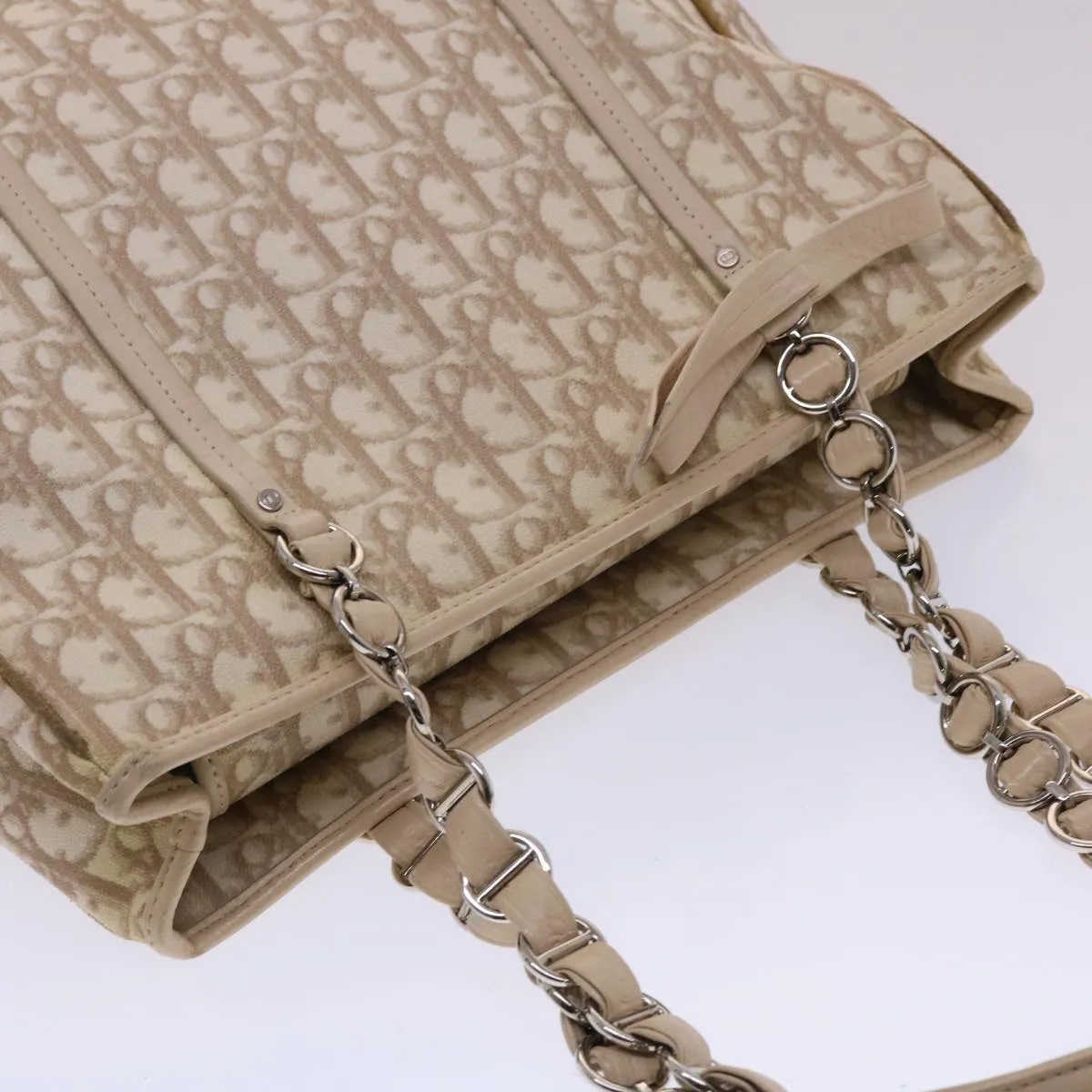 CHRISTIAN DIOR Trotter Canvas Tote Bag PVC Leather Beige Auth 49112