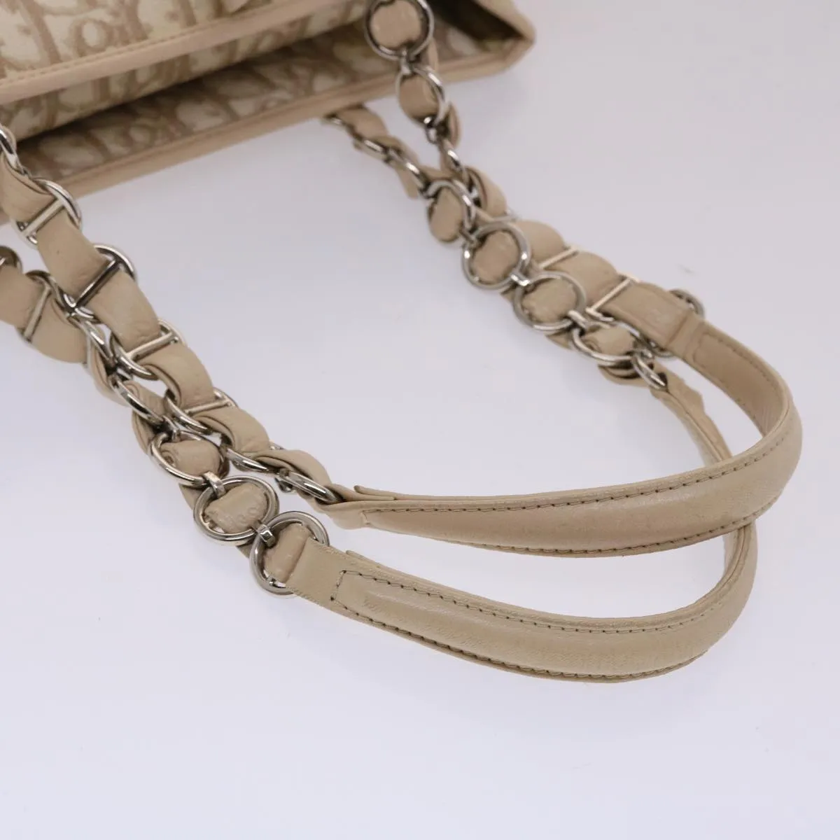 CHRISTIAN DIOR Trotter Canvas Tote Bag PVC Leather Beige Auth 49112
