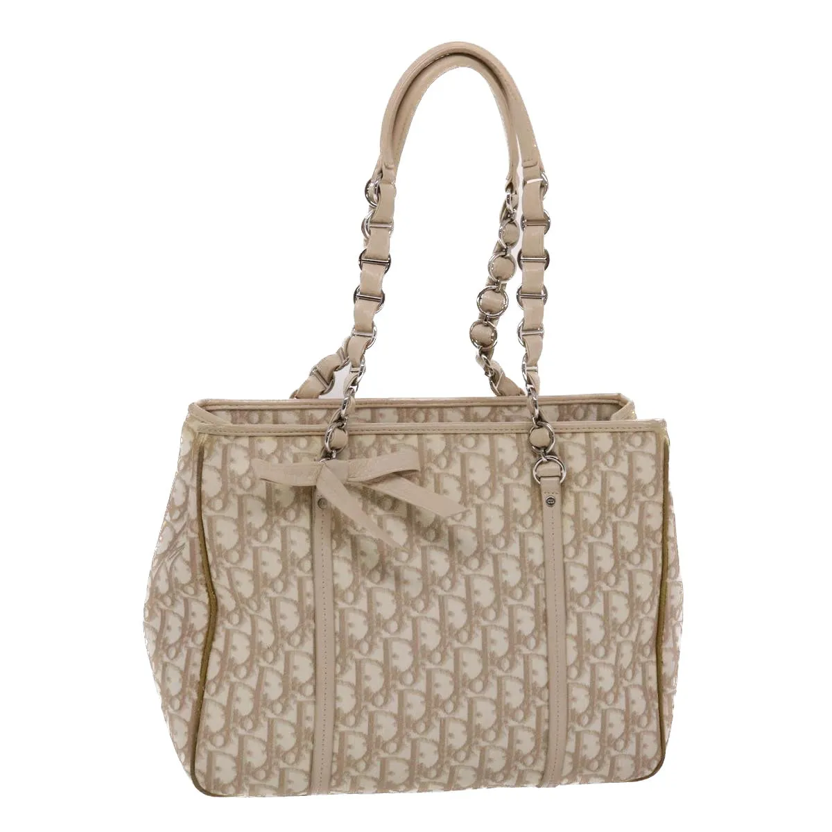 CHRISTIAN DIOR Trotter Canvas Tote Bag PVC Leather Beige Auth 49112