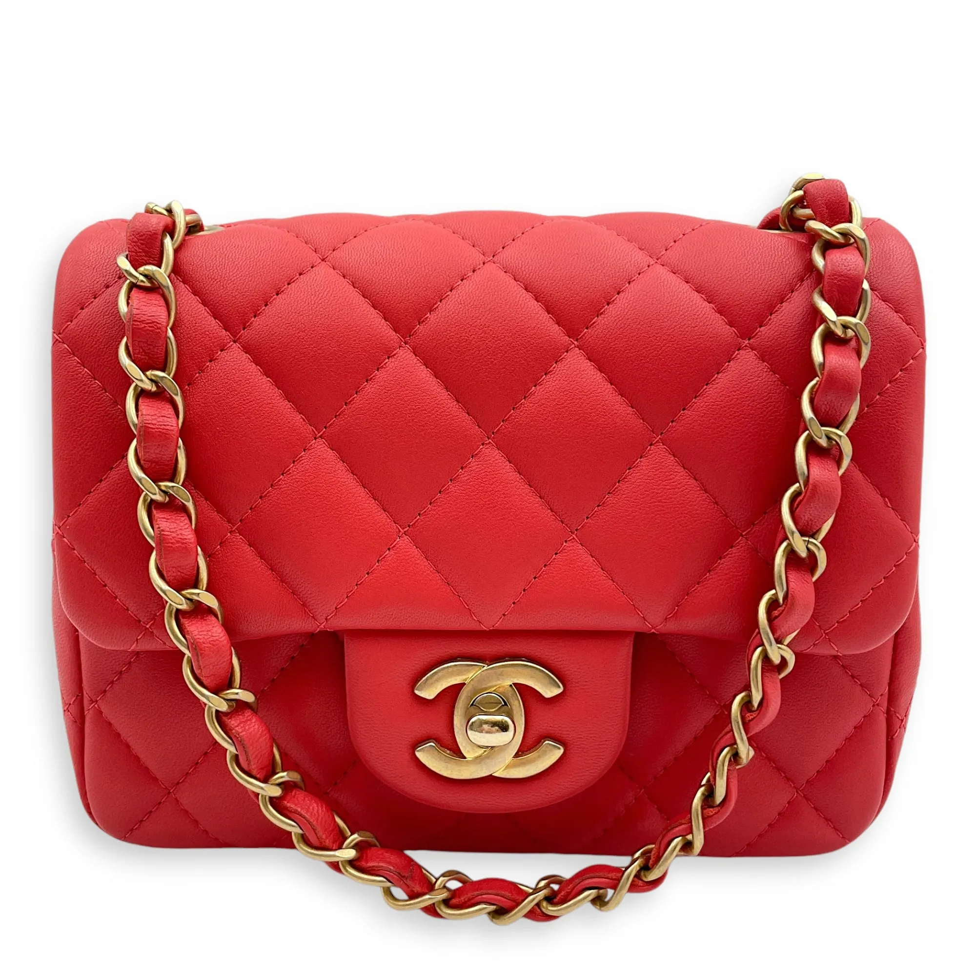 Classic Mini Square Mini Red Crossbody Bag in Lambskin, Gold hardware