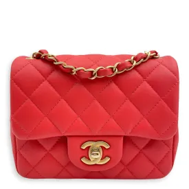 Classic Mini Square Mini Red Crossbody Bag in Lambskin, Gold hardware