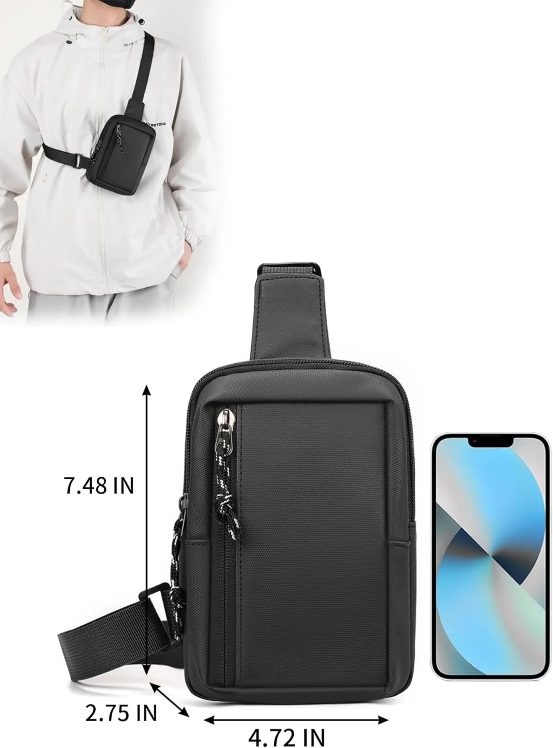 Crossbody Bag for Men Women Waterproof Sling Bag Casual Portable Chest Bag for Travel Workout Hiking Mini Sling Bag Black