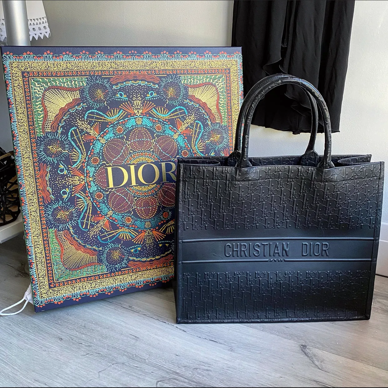 Dior Black Leather Embossed Large Book Tote Bag