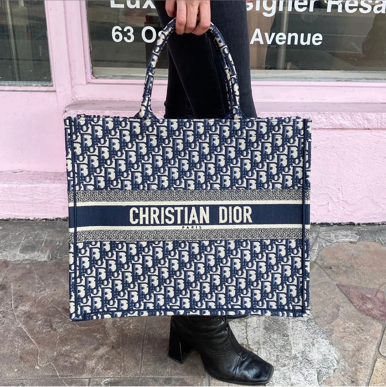 Dior Navy Oblique Trotteur Logo Large Book Bag Tote