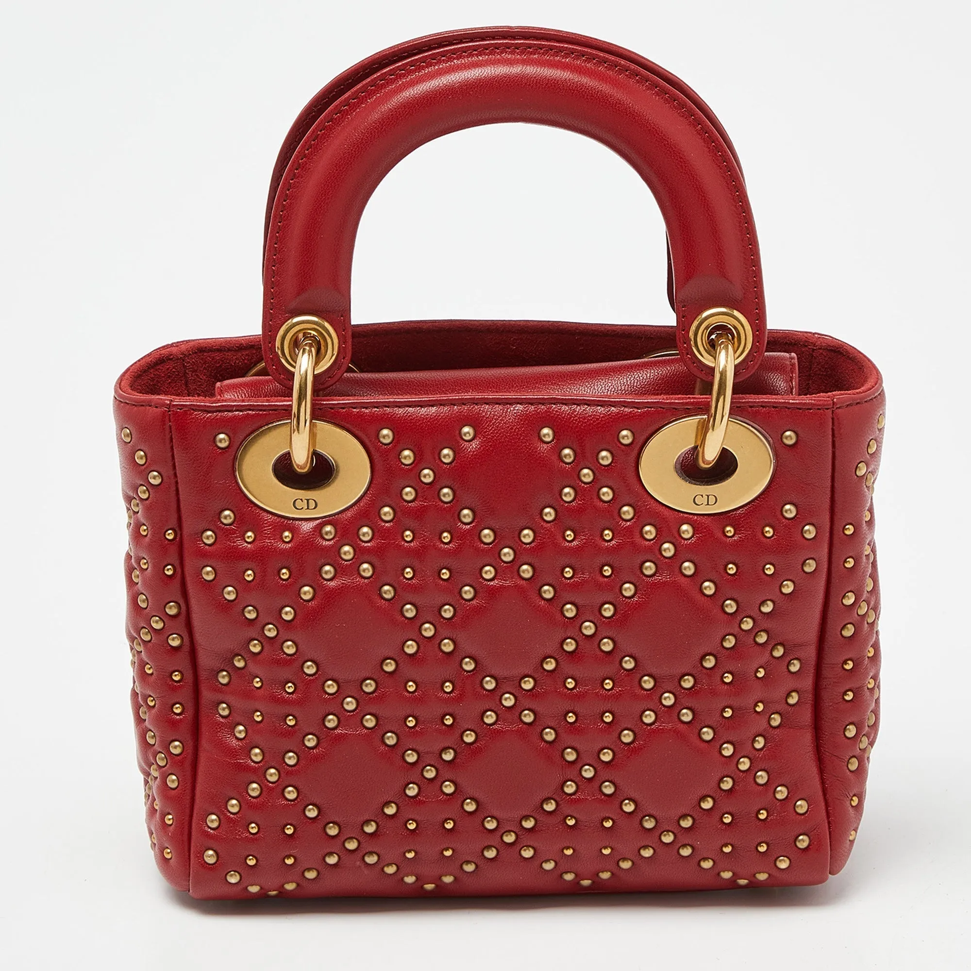DIOR Red Leather Mini Lady  Studded Tote