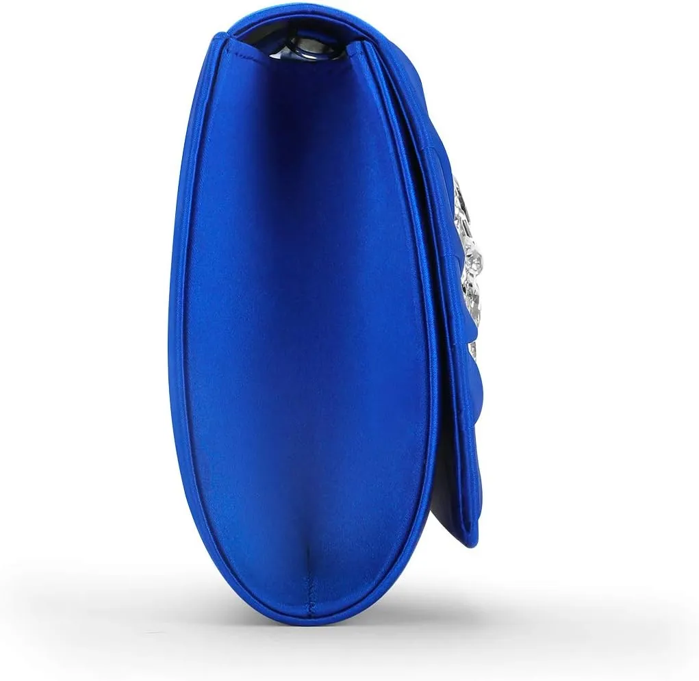 Evening Bags For Women Pleated Satin Rhinestone Brooch Prom Clutch Purse With Detachable Chain Strap