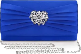 Evening Bags For Women Pleated Satin Rhinestone Brooch Prom Clutch Purse With Detachable Chain Strap