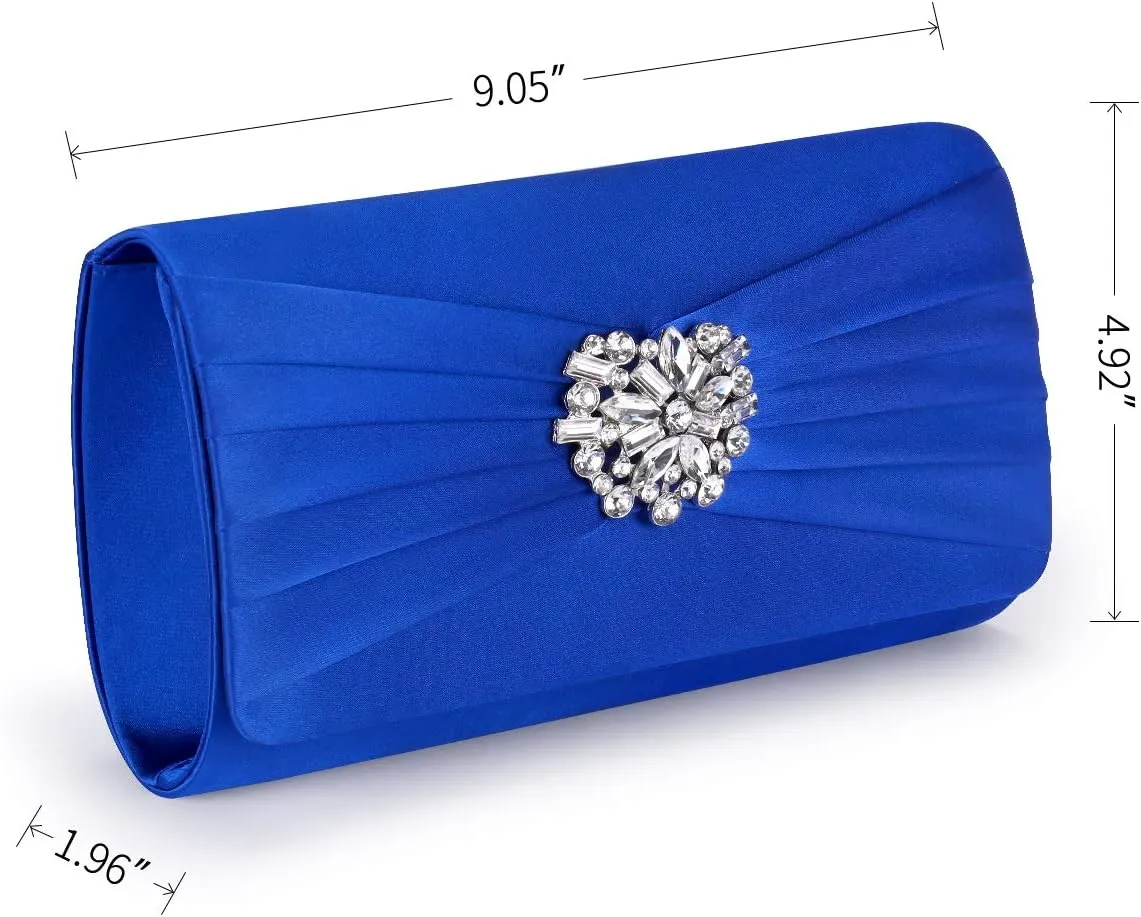 Evening Bags For Women Pleated Satin Rhinestone Brooch Prom Clutch Purse With Detachable Chain Strap
