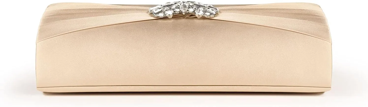 Evening Bags For Women Pleated Satin Rhinestone Brooch Prom Clutch Purse With Detachable Chain Strap