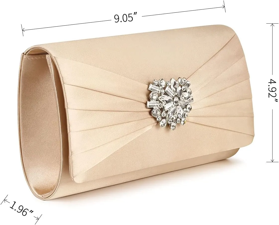 Evening Bags For Women Pleated Satin Rhinestone Brooch Prom Clutch Purse With Detachable Chain Strap