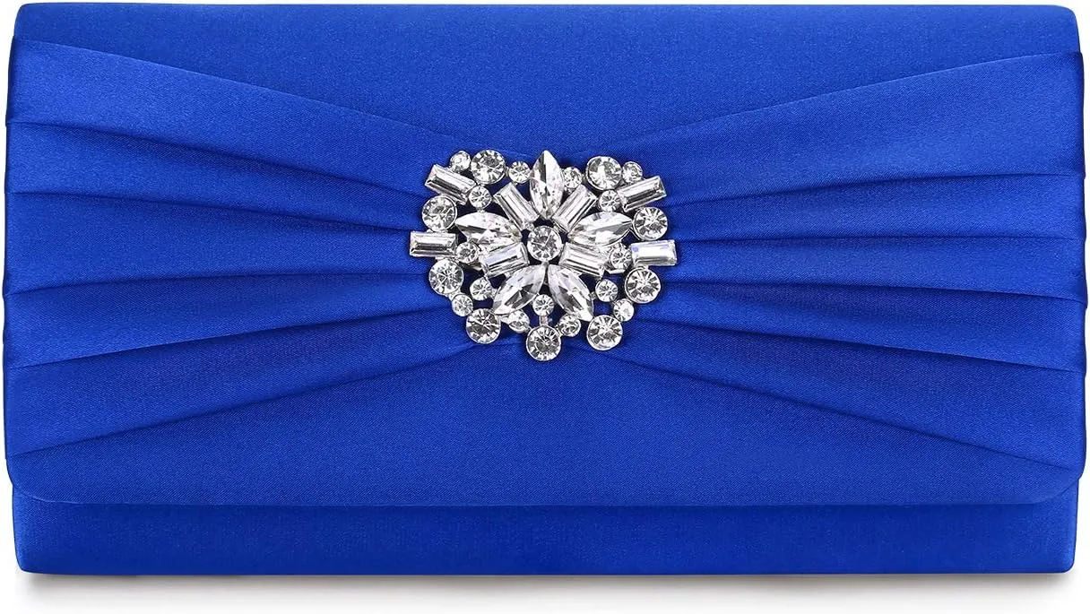 Evening Bags For Women Pleated Satin Rhinestone Brooch Prom Clutch Purse With Detachable Chain Strap