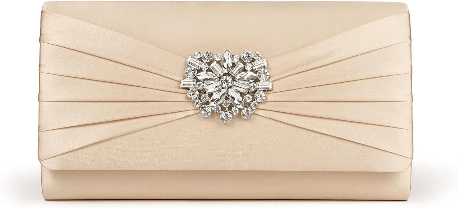 Evening Bags For Women Pleated Satin Rhinestone Brooch Prom Clutch Purse With Detachable Chain Strap