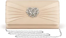 Evening Bags For Women Pleated Satin Rhinestone Brooch Prom Clutch Purse With Detachable Chain Strap