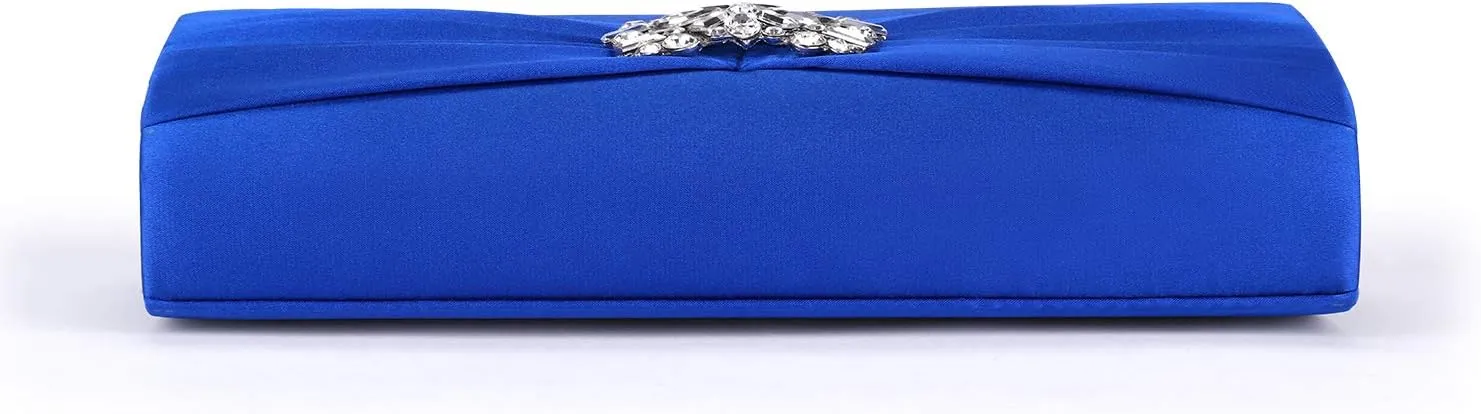 Evening Bags For Women Pleated Satin Rhinestone Brooch Prom Clutch Purse With Detachable Chain Strap