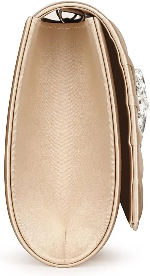 Evening Bags For Women Pleated Satin Rhinestone Brooch Prom Clutch Purse With Detachable Chain Strap