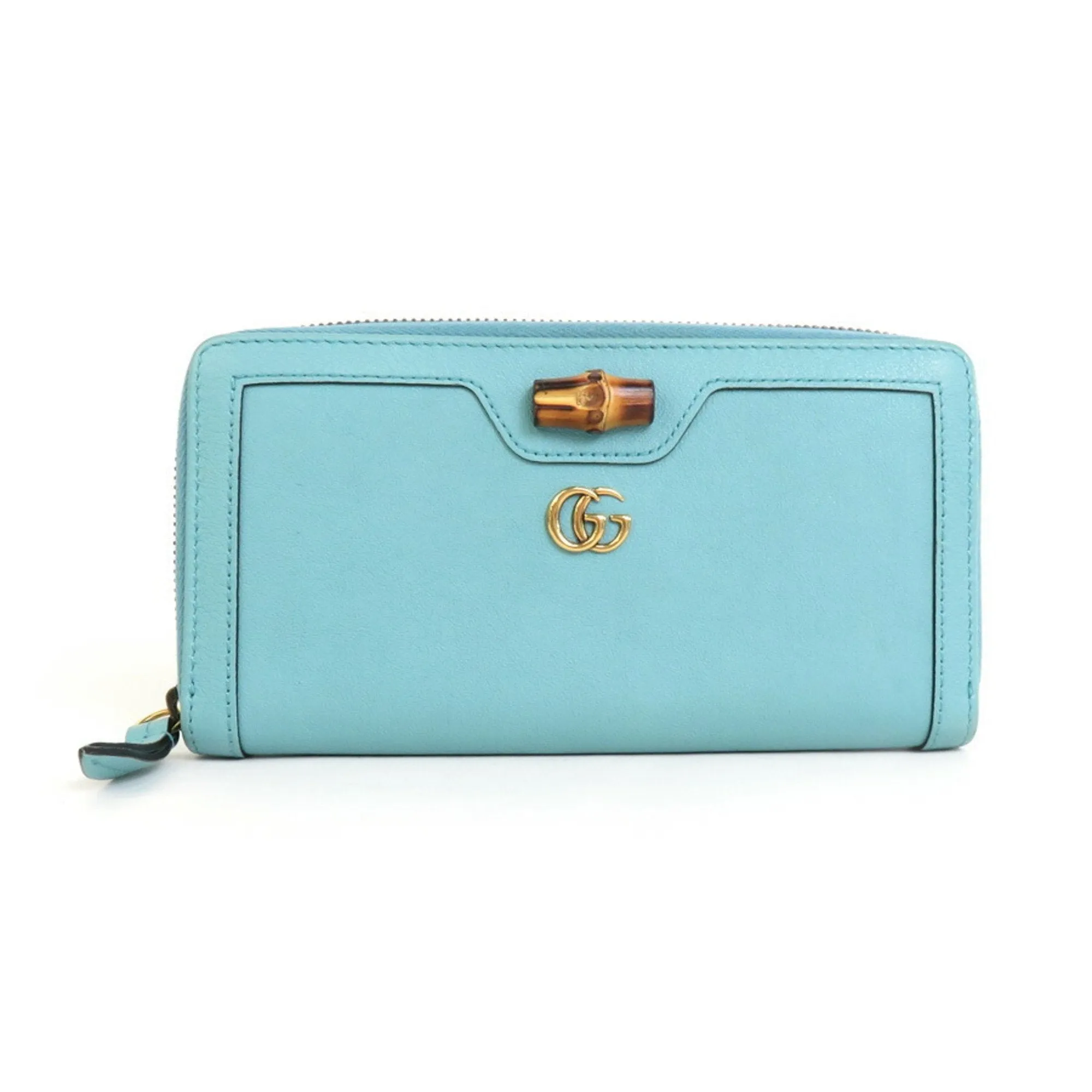 GUCCI Round Zipper Long Wallet GG Marmont Diana Leather Turquoise Blue Gold Unisex 658634