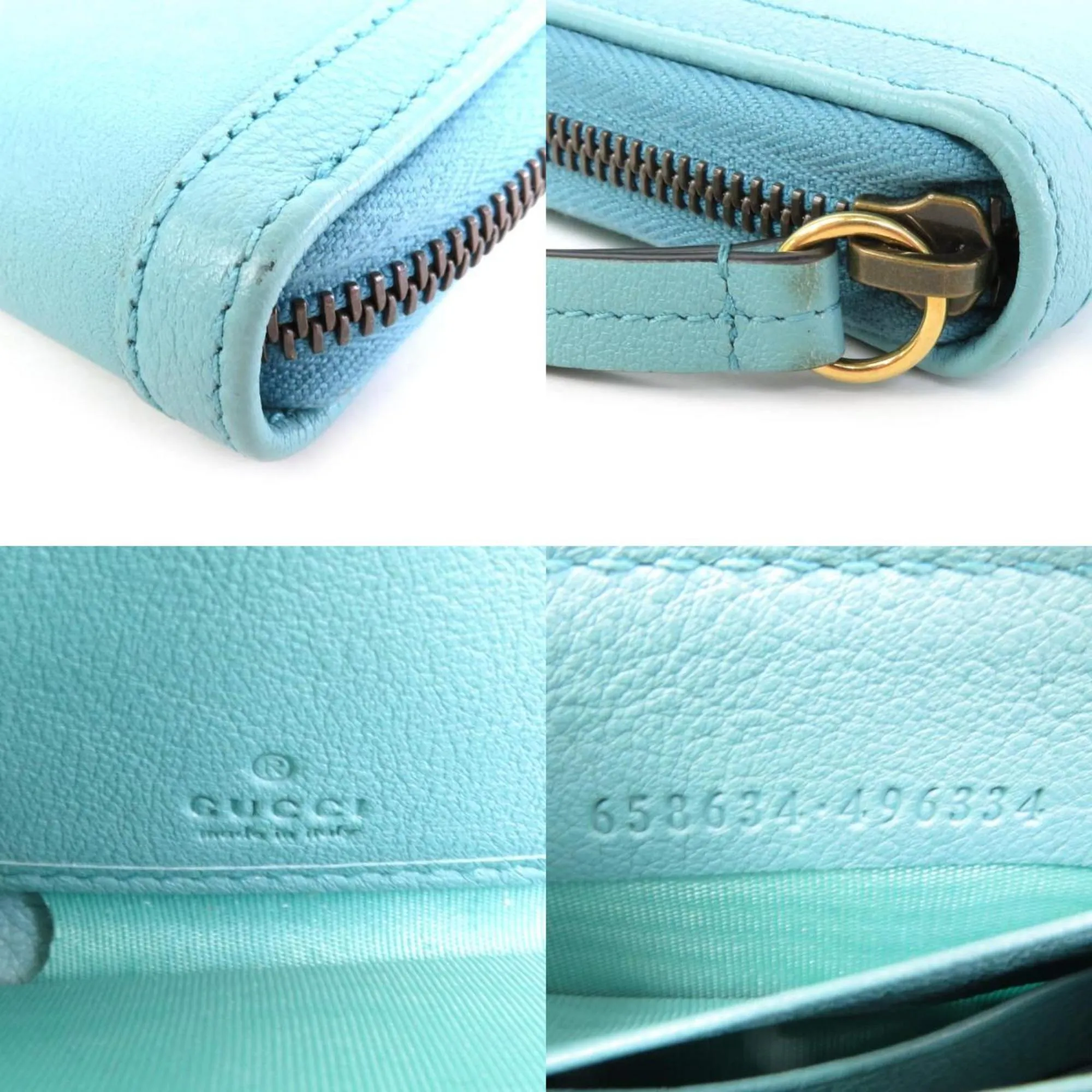GUCCI Round Zipper Long Wallet GG Marmont Diana Leather Turquoise Blue Gold Unisex 658634