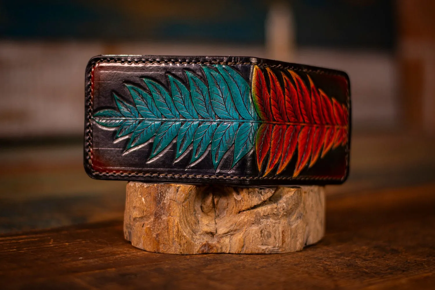 Handcrafted Leather Bifold Wallet - “Fire and Ice” Botanical Fern Design - Card Slots & Cash Section