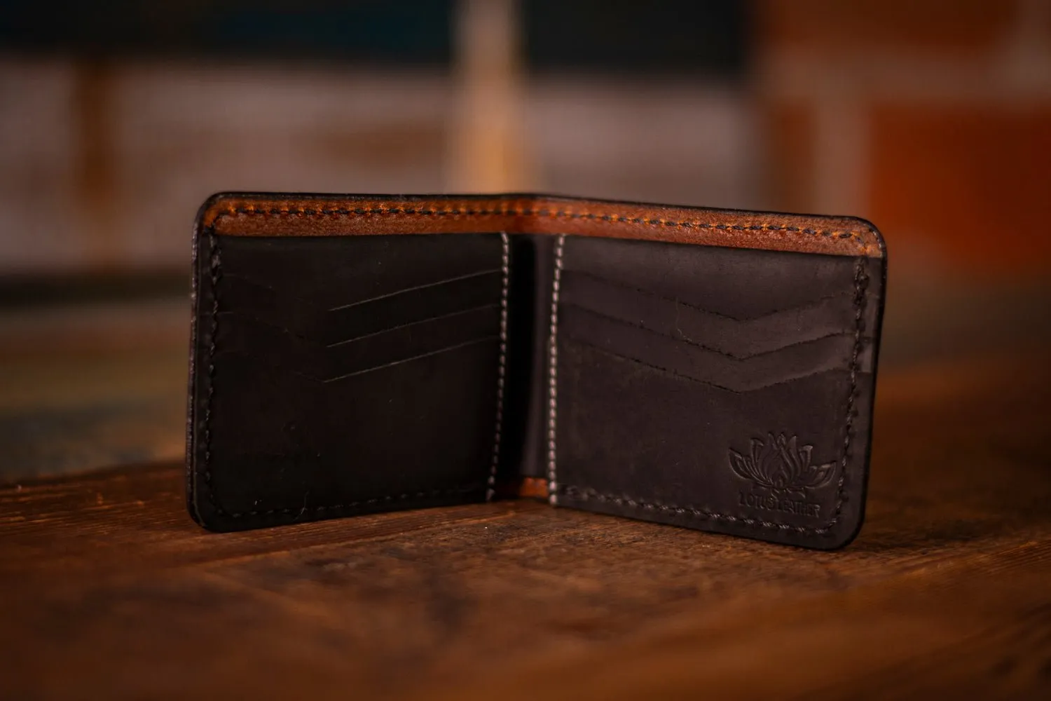 Handcrafted Leather Bifold Wallet - “Fire and Ice” Botanical Fern Design - Card Slots & Cash Section