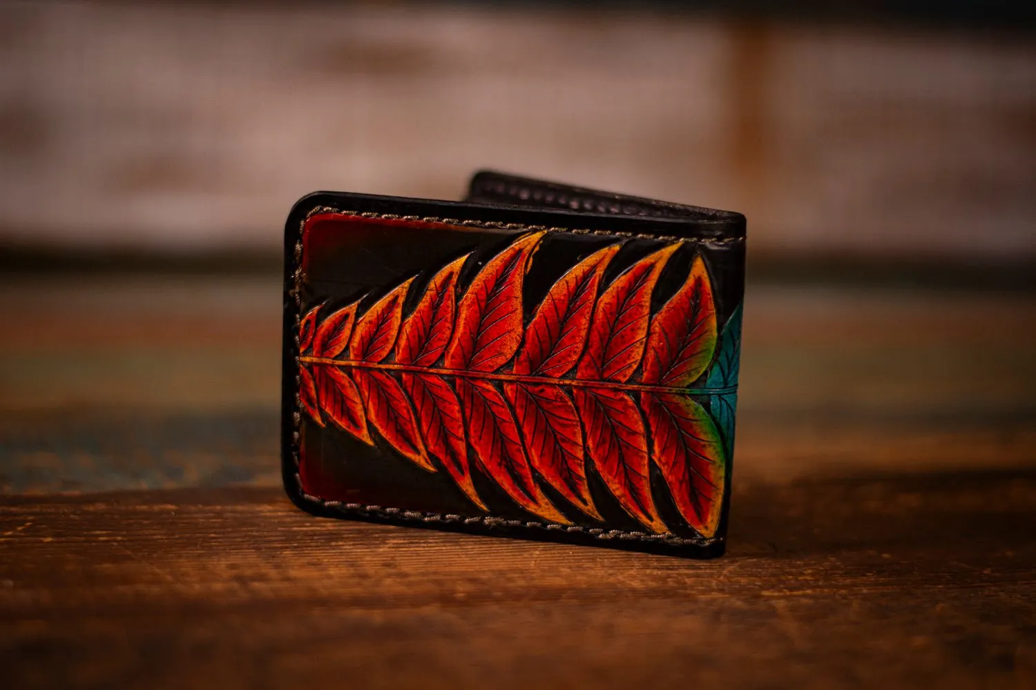 Handcrafted Leather Bifold Wallet - “Fire and Ice” Botanical Fern Design - Card Slots & Cash Section