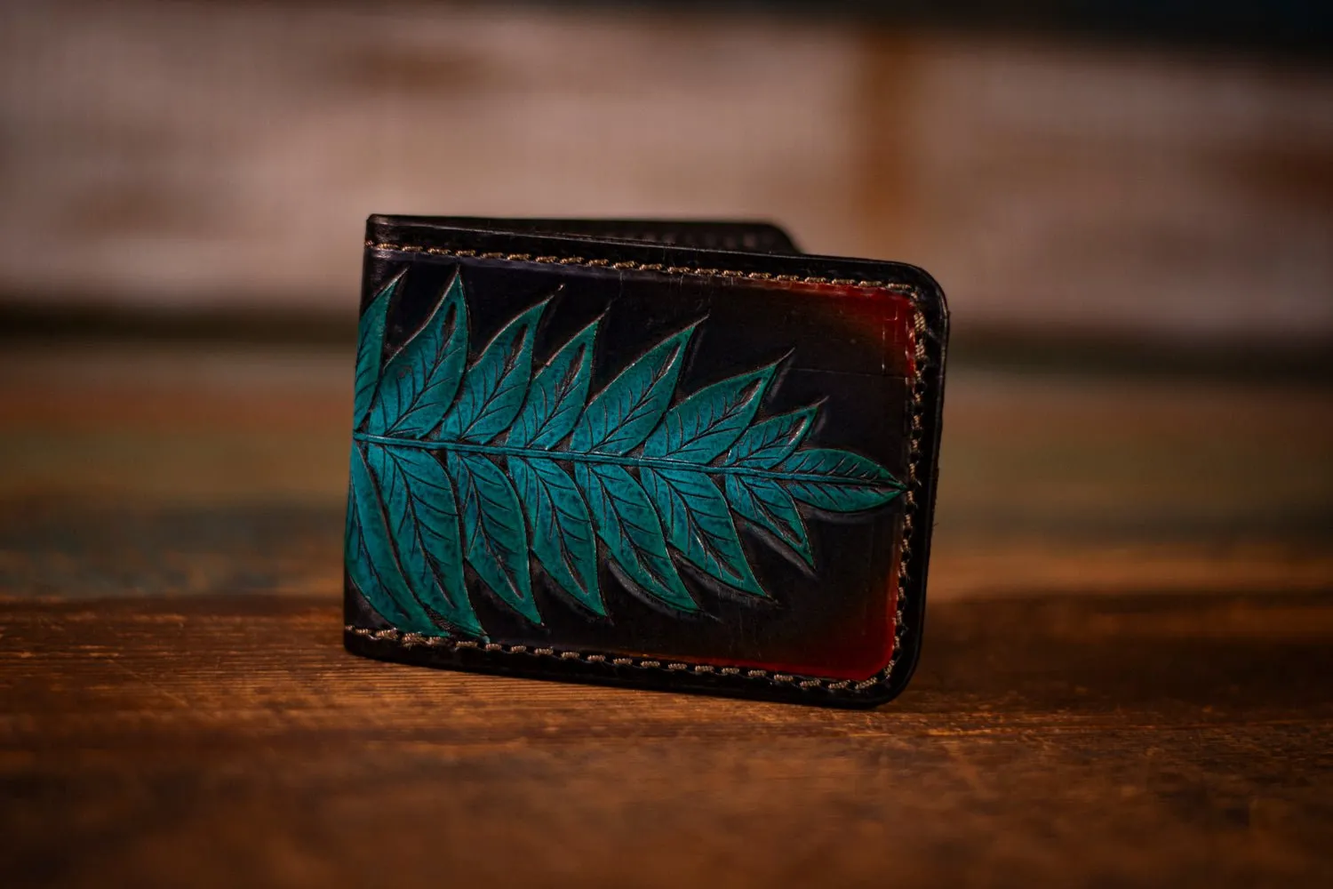 Handcrafted Leather Bifold Wallet - “Fire and Ice” Botanical Fern Design - Card Slots & Cash Section
