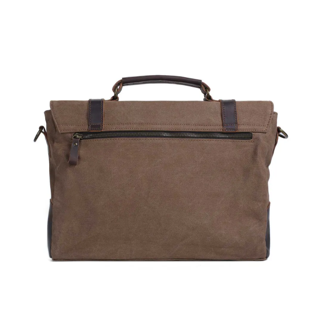 Handmade Waxed Canvas with Leather Briefcase Messenger Bag - Coffee