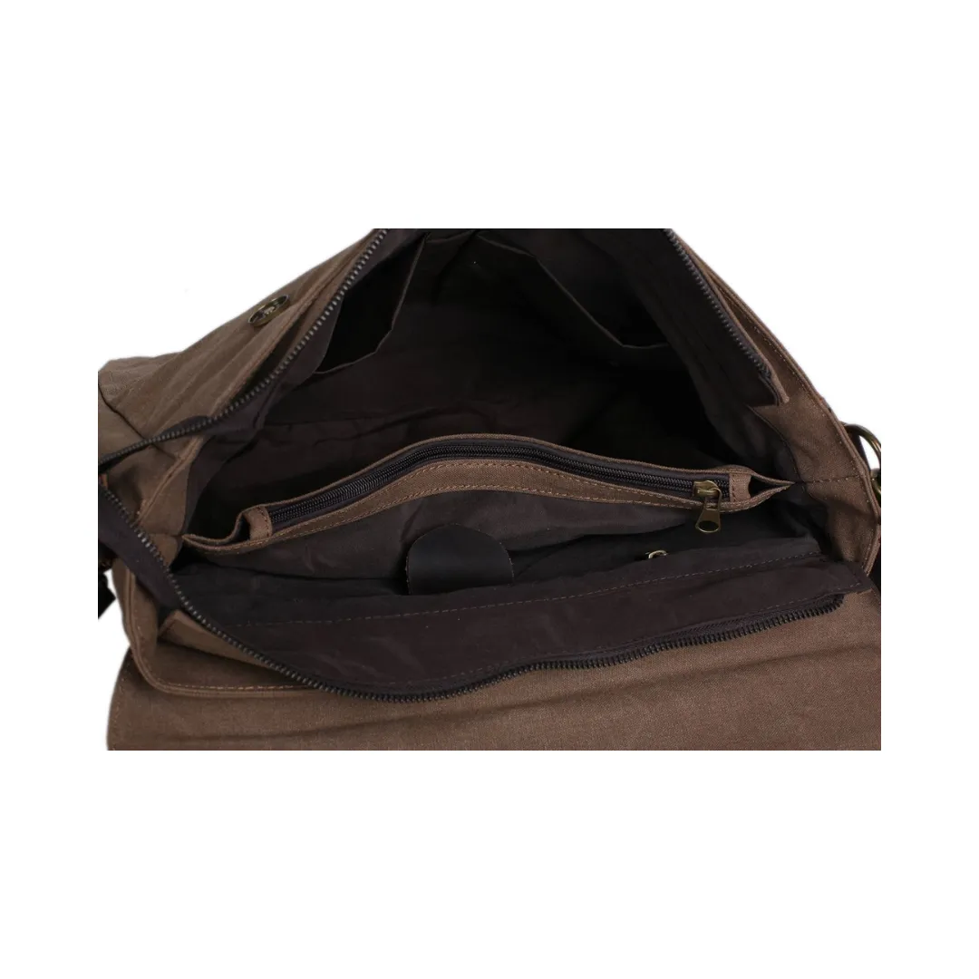 Handmade Waxed Canvas with Leather Briefcase Messenger Bag - Coffee