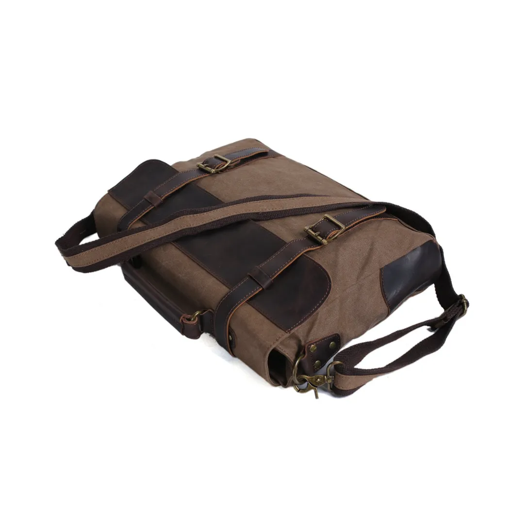Handmade Waxed Canvas with Leather Briefcase Messenger Bag - Coffee