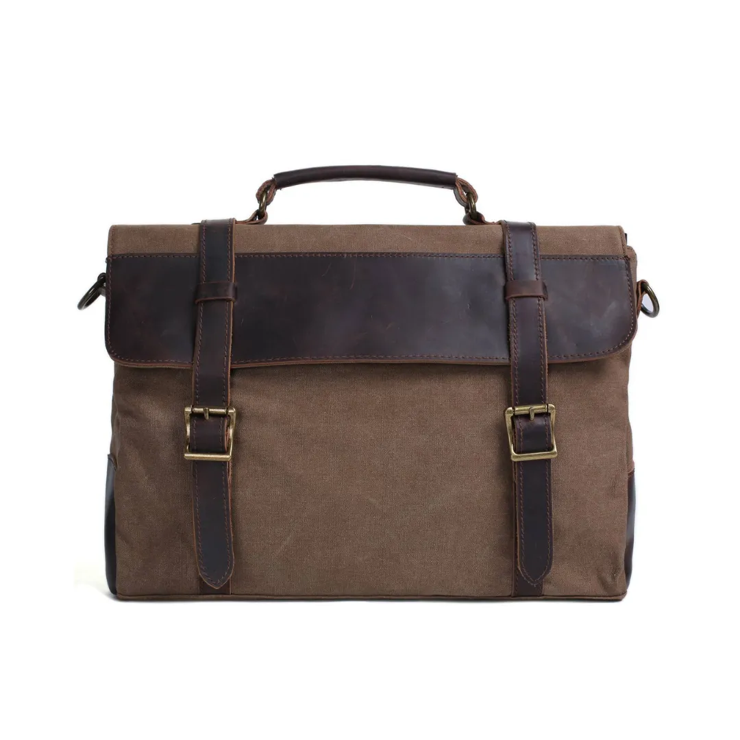 Handmade Waxed Canvas with Leather Briefcase Messenger Bag - Coffee
