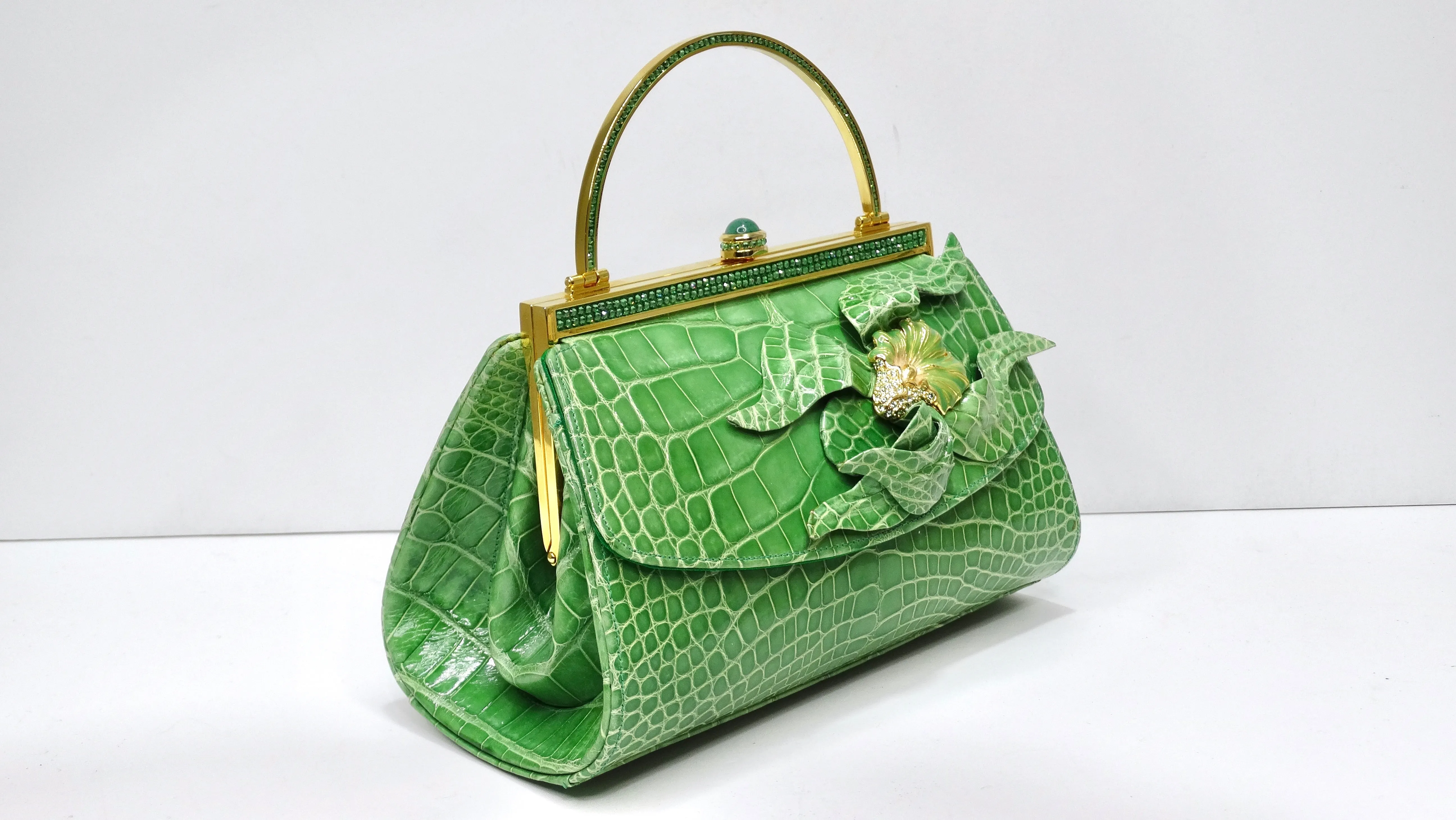 Judith Leiber Green Alligator Top Handle Evening Bag