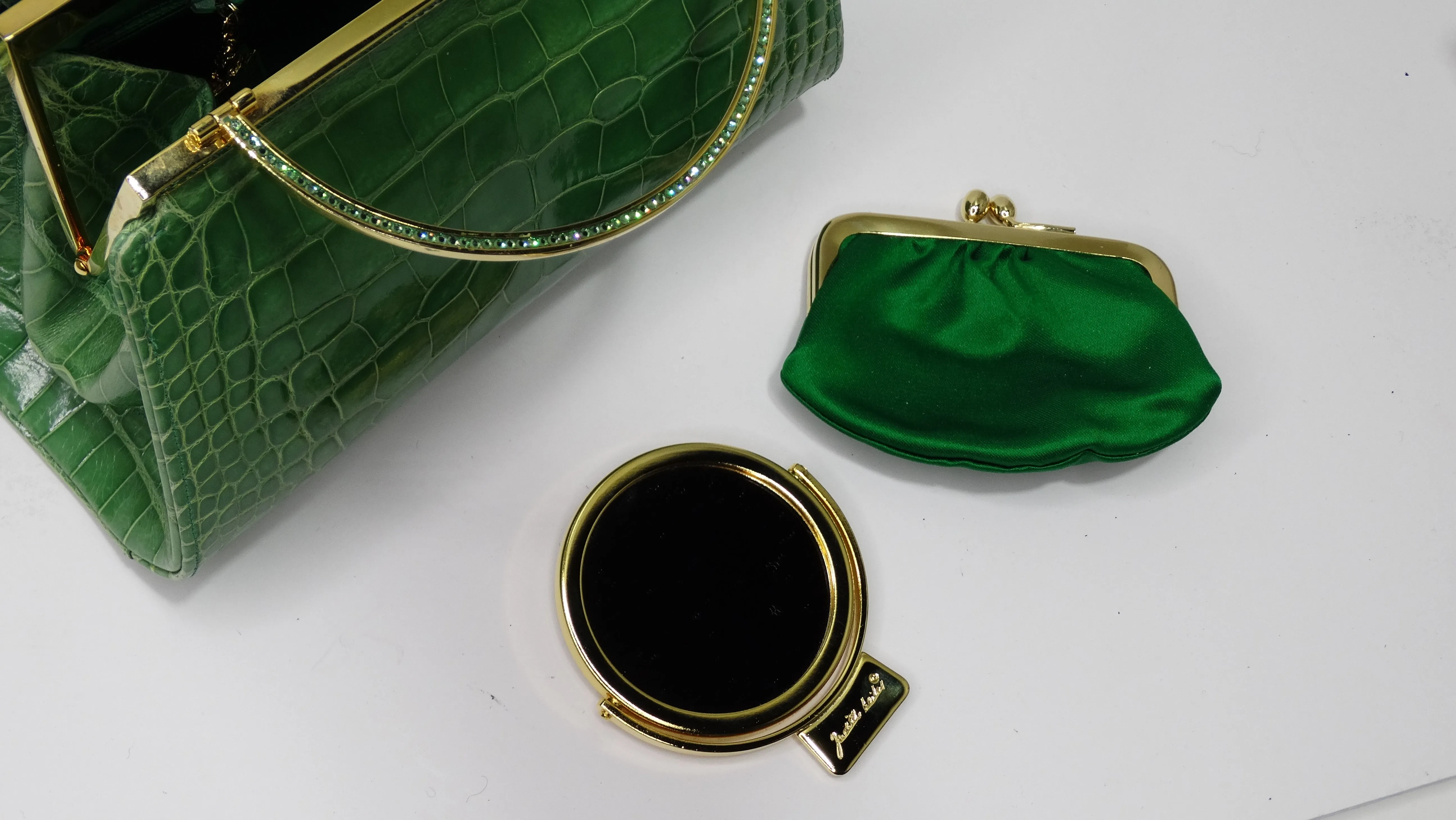 Judith Leiber Green Alligator Top Handle Evening Bag