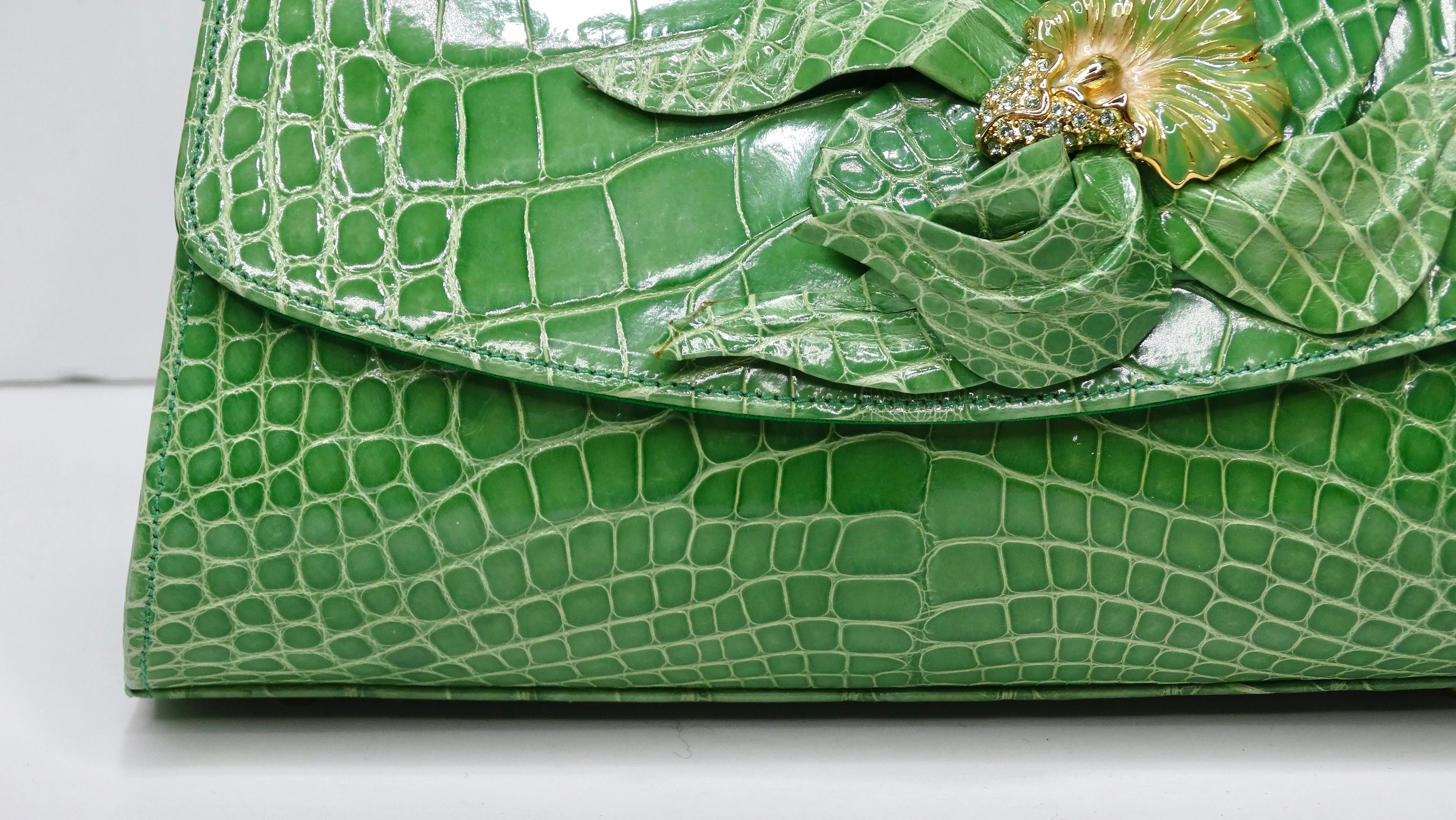 Judith Leiber Green Alligator Top Handle Evening Bag
