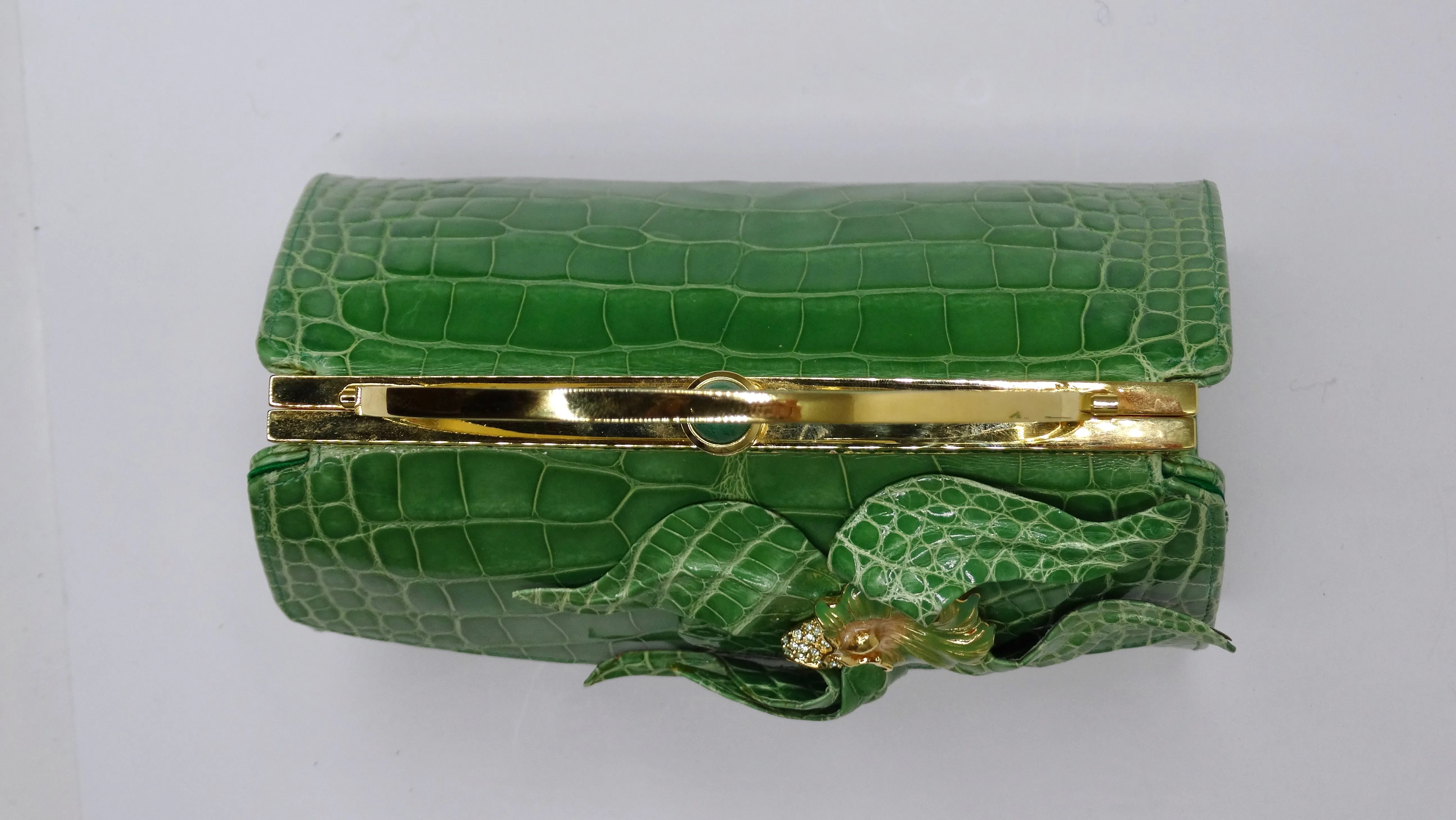 Judith Leiber Green Alligator Top Handle Evening Bag