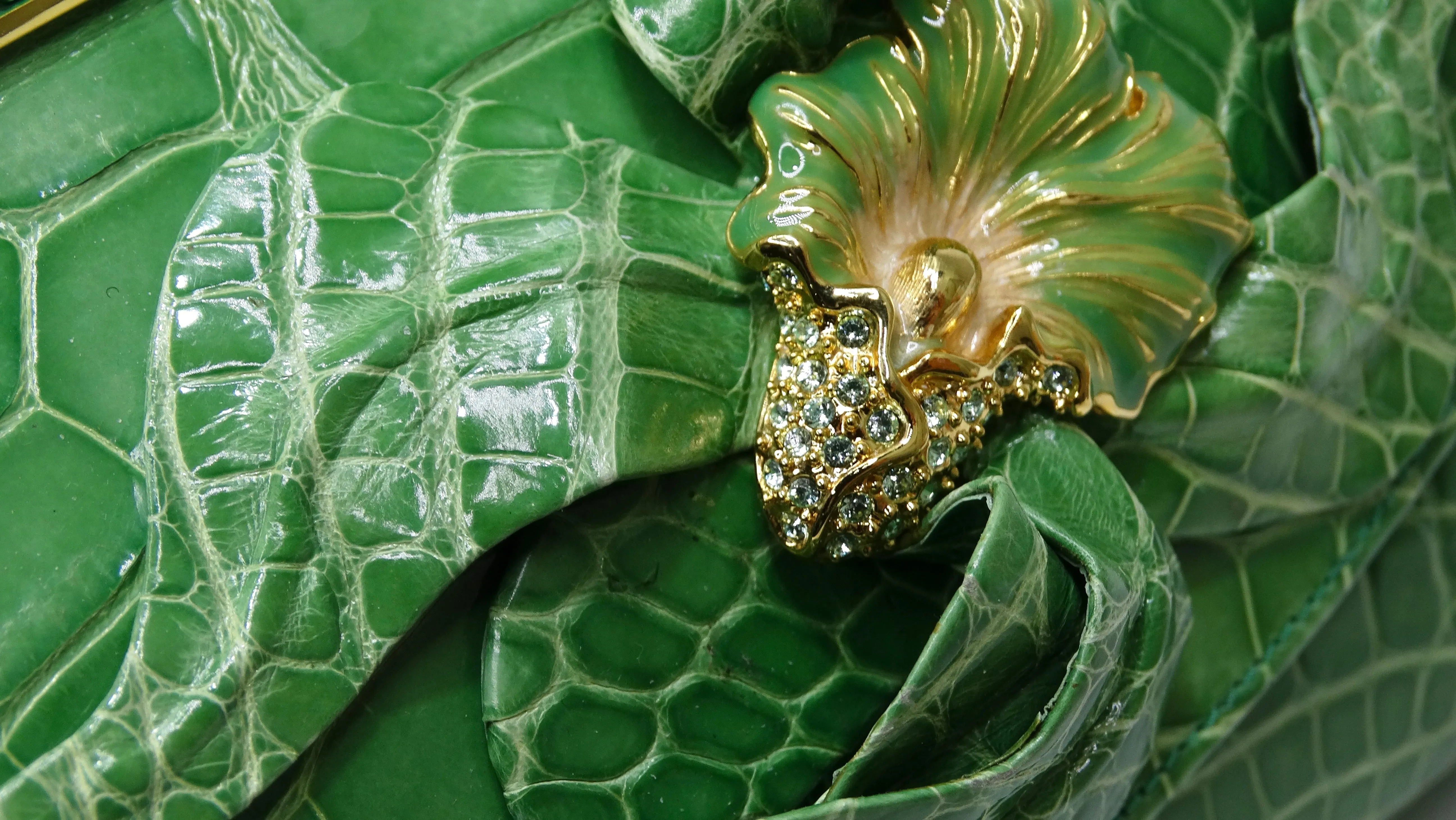 Judith Leiber Green Alligator Top Handle Evening Bag