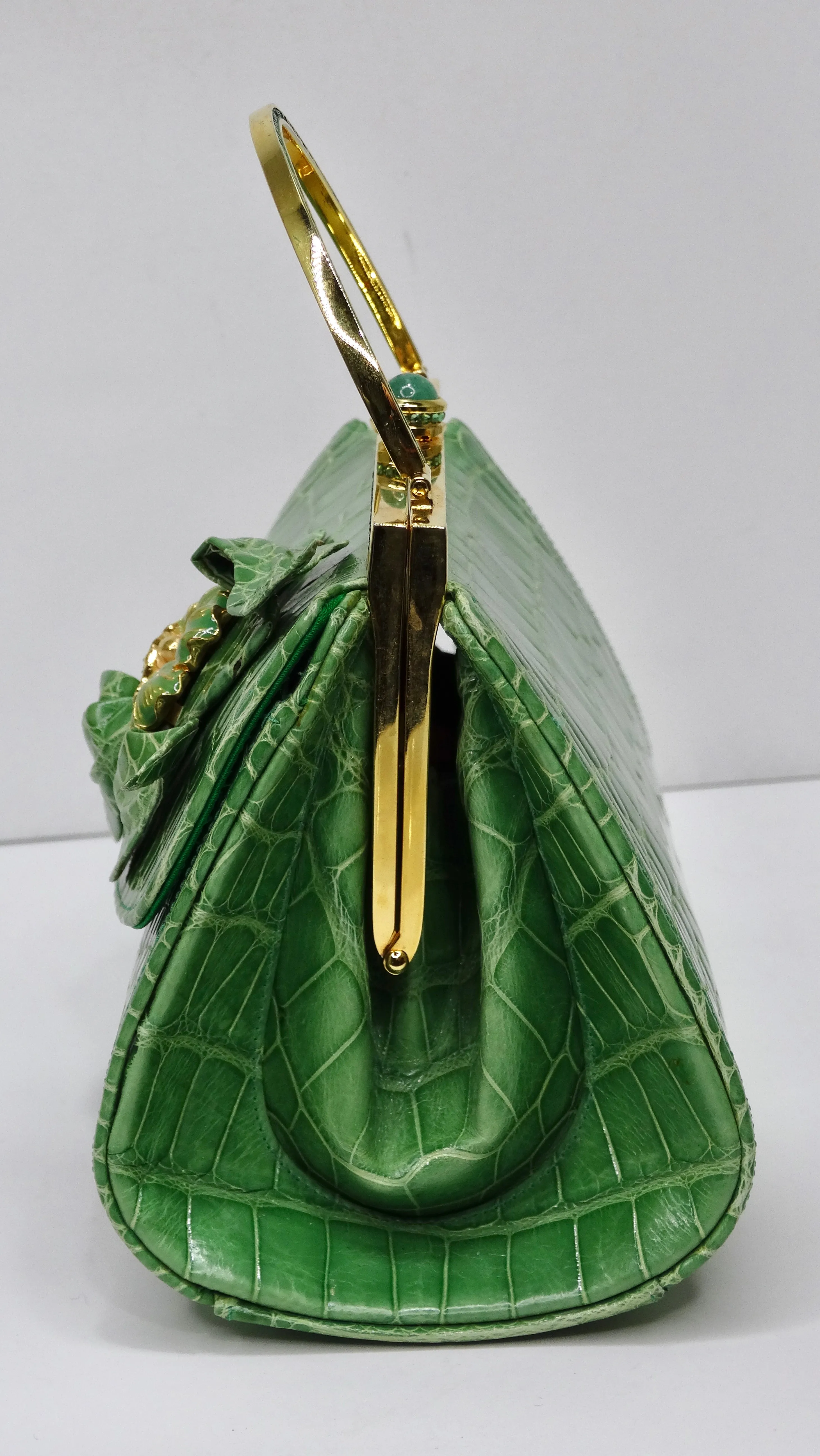 Judith Leiber Green Alligator Top Handle Evening Bag