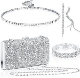 Kigeli 4 Pieces Women Rhinestone Evening Clutch Bag Bling Earring Necklace Bracelet for Wedding Formal