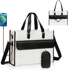 Laptop Bag for Women, Laptop Tote Bag 17 Inch, Waterproof Leather Computer Tote with USB Charging Port, Women Briefcase Business Office Work Handbag White