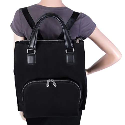 McKlein, N Series, Sofia, Nano Tech-Light Nylon with Leather Trim, 3-in-1 Nylon Ladies' Convertible Backpack Tote, Black (18545)