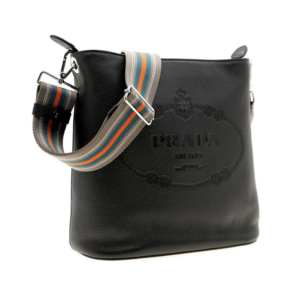 Prada Vitello Phenix Black Leather Stripe Strap Bucket Bag 1BE057
